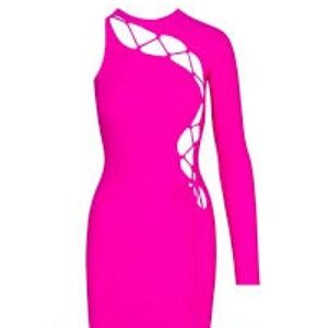 SKIMS Lace Up Mini Dress Hot Pink Fuchsia One Shoulder NWT